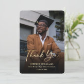 Eleganter, moderner Script Black Gold Foto Abschlu Dankeskarte (Stehend Vorderseite)