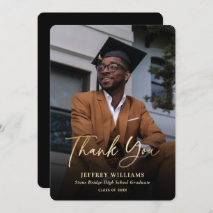 Eleganter, moderner Script Black Gold Foto Abschlu Dankeskarte