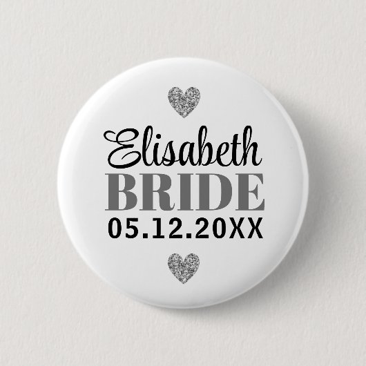 Eleganter moderner Script-Glitzer Hearts Gray Brid Button (Vorderseite)