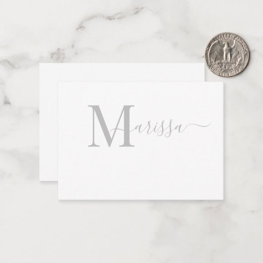 Eleganter, moderner Script-Graue Monogram-Name Mitteilungskarte (Vorderseite/Rückseite Beispiel)