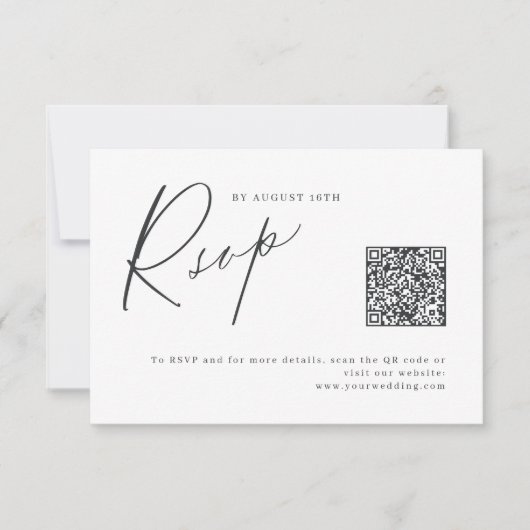 Eleganter moderner Script minimalistischer QR-Code RSVP Karte (Vorderseite)