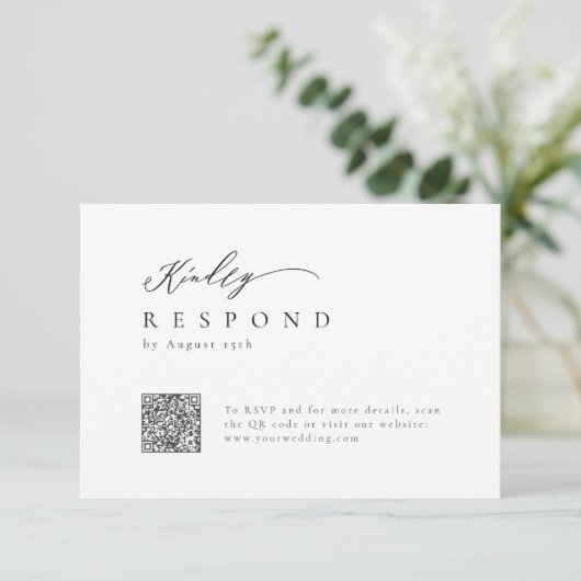 Eleganter moderner Script minimalistischer QR-Code RSVP Karte (Stehend Vorderseite)