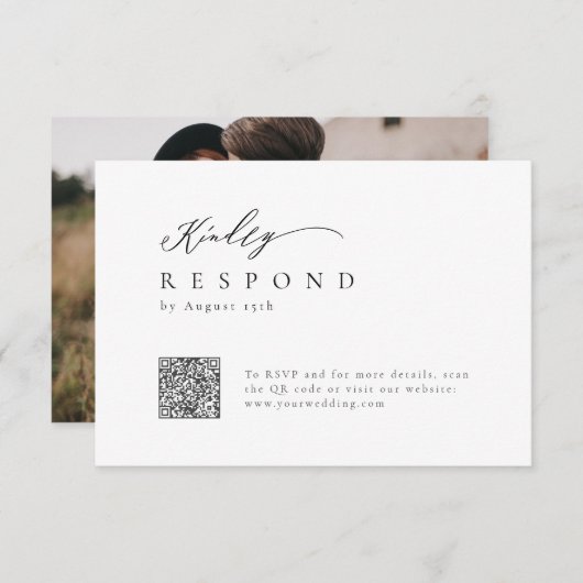 Eleganter moderner Script minimalistischer QR-Code RSVP Karte (Vorne/Hinten)