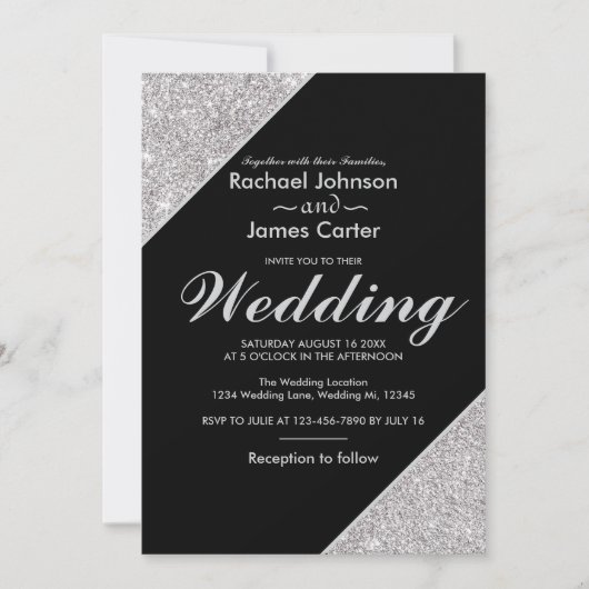 Eleganter moderner silberner Glitzer auf schwarz Einladung (Vorderseite)