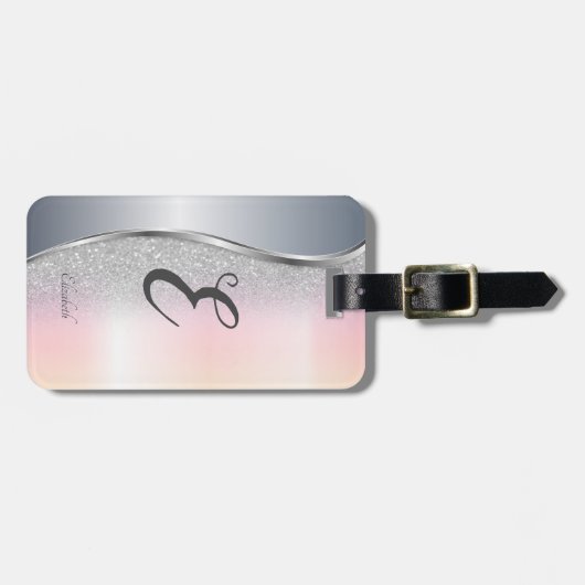 Eleganter moderner Silver Glitzer Bokeh , Monogram Gepäckanhänger (Vorderseite horizontal)