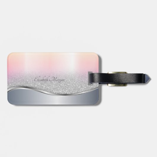 Eleganter moderner Silver Glitzer Bokeh , Monogram Gepäckanhänger (Rückseite horizontal)