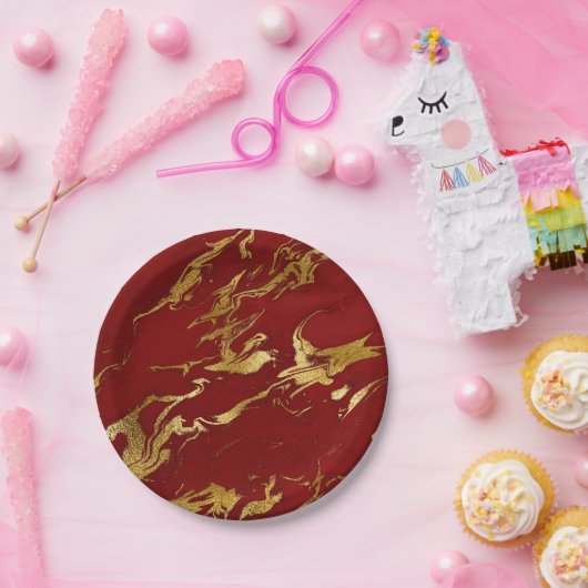 Eleganter moderner Stil aus Gold und rotem Marmor Pappteller (Party)