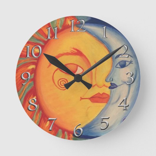 Eleganter moderner Sun Moon Stone Yellow Blue Sky Runde Wanduhr (Vorderseite)