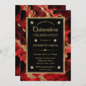 Eleganter Molten Red and Gold Glitzer Quinceanera Einladung (Vorne/Hinten)