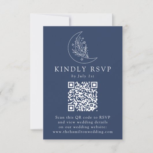 Eleganter Mond und Stars Navy QR Code Wedding RSVP Karte (Vorderseite)