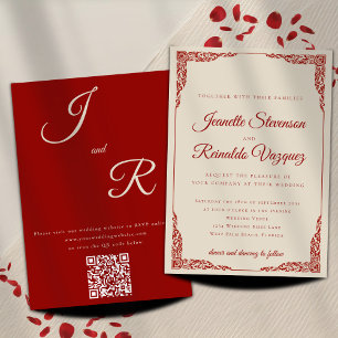 Eleganter monochromatischer Ruby Red QR Code Hochz Einladung