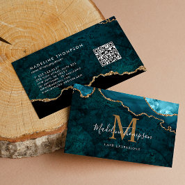 Eleganter Monogram Aquamarin Gold Agate Geode QR C Visitenkarte
