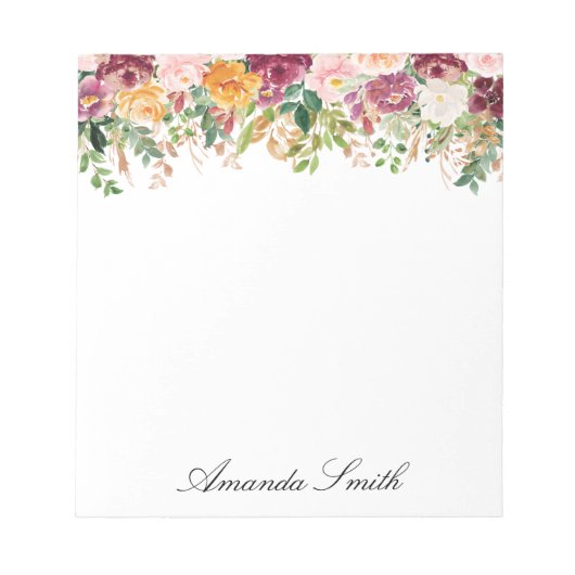 Eleganter Monogram Aquarell Rose Blumengarten Notizblock (Vorderseite)