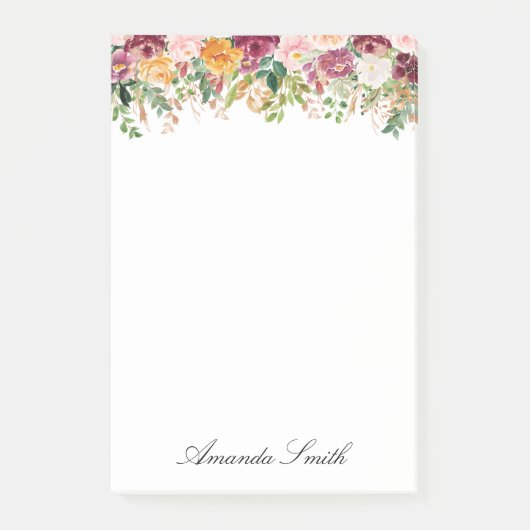 Eleganter Monogram Aquarell Rose Blumengarten Post-it Klebezettel (Vorderseite)