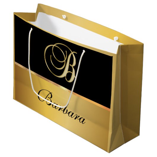 Eleganter Monogram Black Gold Eleganter Skriptname Große Geschenktüte (Vorderseite Schrägansicht)
