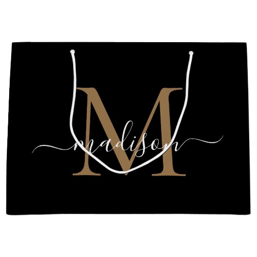 Eleganter Monogram Black Gold Eleganter Skriptname Große Geschenktüte (Vorderseite)