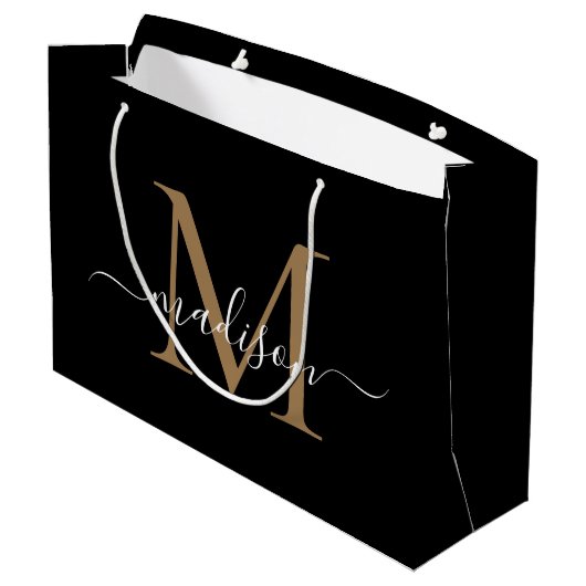 Eleganter Monogram Black Gold Eleganter Skriptname Große Geschenktüte (Rückseite Schrägansicht)