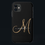 Eleganter Monogram Black Gold Name Case-Mate iPhone Hülle<br><div class="desc">Personalisiertes iPhone-Gehäuse mit einem Gold-Script-Initial,  und weiße Skriptnamen auf schwarz A moderne minimalistische Typografie Stil. Wählen Sie Ihr Gerätemodell für dieses Design aus.</div>