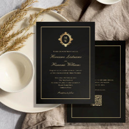 Eleganter Monogram Classy Black Gold QR Code Hochz Einladung