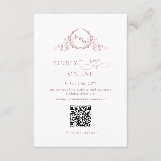 Eleganter Monogram Dusty Rose UAWG Online QR Code Begleitkarte (Vorderseite)