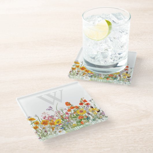 Eleganter Monogram Floral Glass Untersetzer (Schrägansicht)