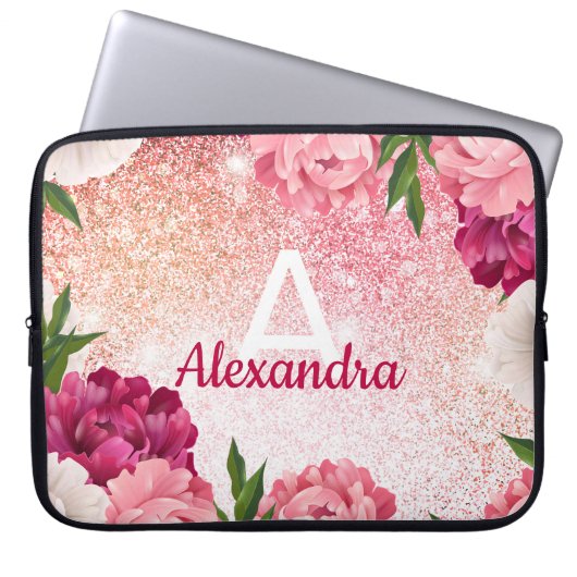 Eleganter Monogram Floral Glitzer Laptopschutzhülle (Vorderseite)