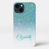 Eleganter Monogram Green Glitzer Ombre Vorname iPhone Hülle (Rückseite)