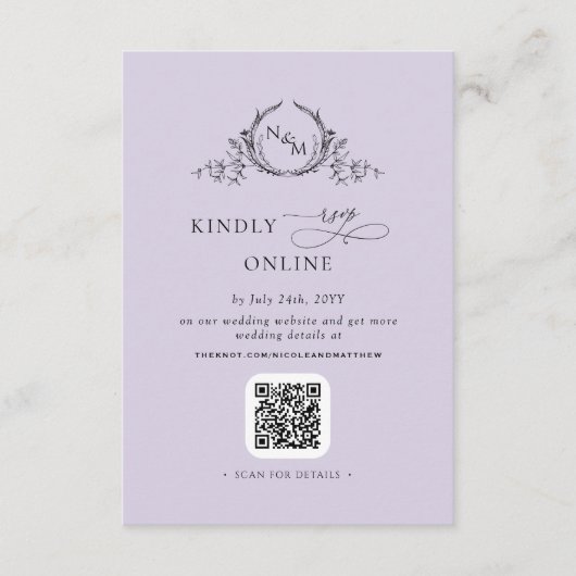 Eleganter Monogram Lavender QR Code / UAWG Online Begleitkarte (Vorderseite)
