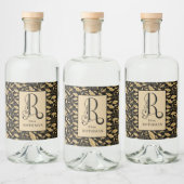 Eleganter Monogram Letter R, Black & Gold Leaf Alkoholflaschenetikett (Flaschen)