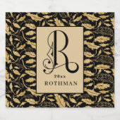 Eleganter Monogram Letter R, Black & Gold Leaf Alkoholflaschenetikett (Einzelnes Label)