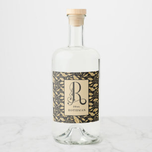 Eleganter Monogram Letter R, Black & Gold Leaf Alkoholflaschenetikett