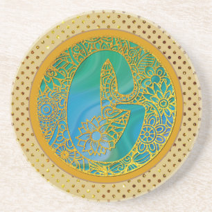 Eleganter Monogram Letters Turquoise & Gold Glitze Getränkeuntersetzer