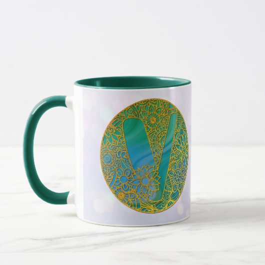 Eleganter Monogram Letters Turquoise & Gold Glitze Tasse (Links)