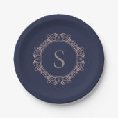 Eleganter Monogram Moderner klassischer Navy-Kupfe Pappteller (Vorderseite)
