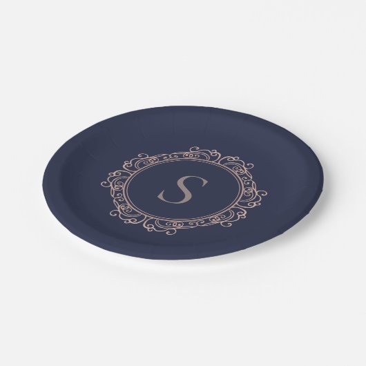 Eleganter Monogram Moderner klassischer Navy-Kupfe Pappteller (Schrägansicht)