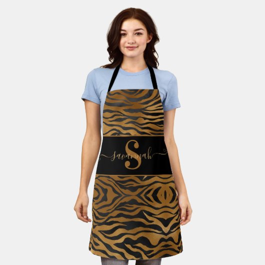 Eleganter Monogram Name Gold Black Leopard Schürze (Getragen)