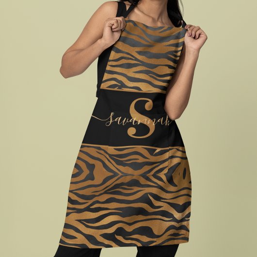 Eleganter Monogram Name Gold Black Leopard Schürze