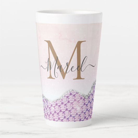 Eleganter Monogram Rose Rosa Glitzer Latte Tasse (Vorderseite)
