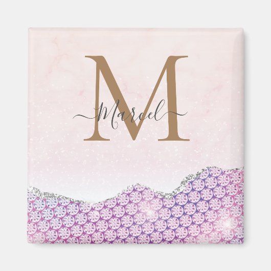 Eleganter Monogram Rose rosa Glitzer Magnet (Vorne)