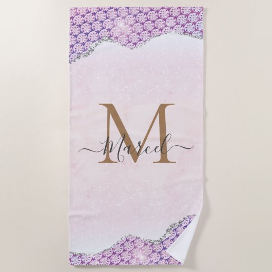 Eleganter Monogram Rose rosa Glitzer Strandtuch (Vorderseite)