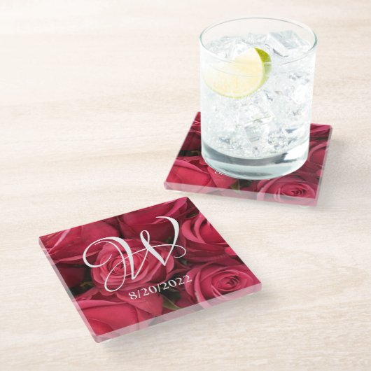 Eleganter Monogram Roses Floral Glass Untersetzer (Schrägansicht)