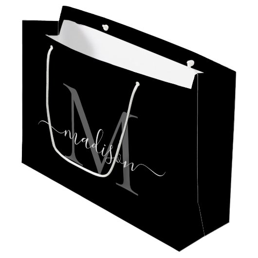 Eleganter Monogram-Schwarz-weißer Elegant-Skriptna Große Geschenktüte (Vorderseite Schrägansicht)