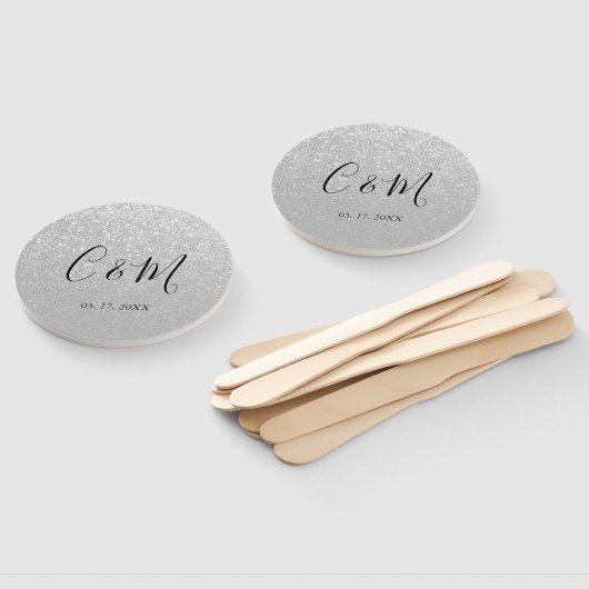 Eleganter Monogram Silberner Glitzer Hochzeitshand Fächer (Non-assembled)