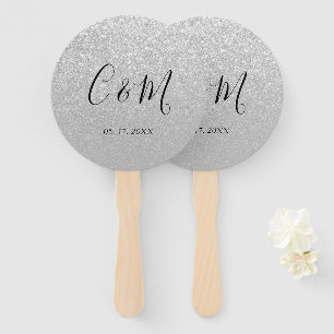 Eleganter Monogram Silberner Glitzer Hochzeitshand Fächer