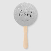 Eleganter Monogram Silberner Glitzer Hochzeitshand Fächer (Vorderseite)