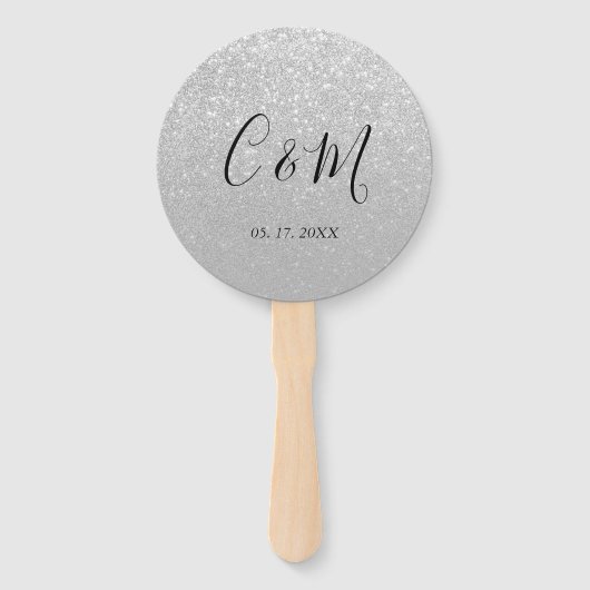 Eleganter Monogram Silberner Glitzer Hochzeitshand Fächer (Vorderseite)