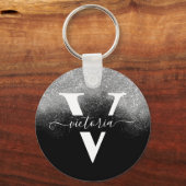 Eleganter Monogram Silver Glitzer Girly Black Cust Schlüsselanhänger (Vorderseite)