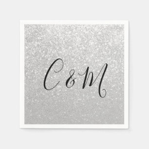 Eleganter Monogram Silver Glitzer Wedding Napkins Serviette
