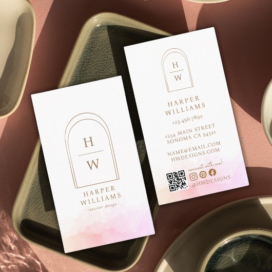 Eleganter Monogram Simple Arch | Rosa Visitenkarte