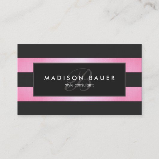 Eleganter Monogram Streifen Schwarz/Rosa Salon Visitenkarte (Vorderseite)